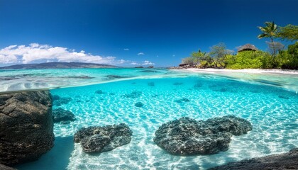 Wall Mural - Crystal blue Hawaiian waters dance over white sandy shores and smooth stones, creating a vibrant underwater wonderland.