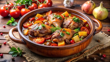 Juicy stewed chicken drumsticks and thighs surrounded by colorful vegetables in rich savory brown sauce in a rustic clay pot.