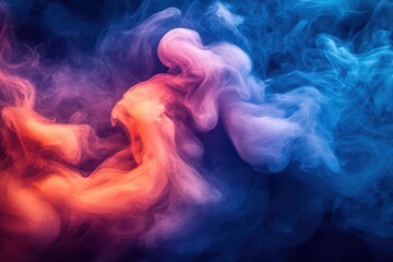 swirling vortex of vibrant red and blue smoke dark dramatic background abstract fluid dynamics mesmerizing patterns ethereal atmosphere