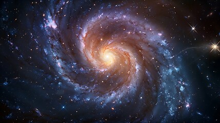 A stunning spiral galaxy, with intricate arms filled with stars, dust, and gas, seen from an orbiting probe, dynamic and colorful, capturing the awe-inspiring beauty of this celestial formation.