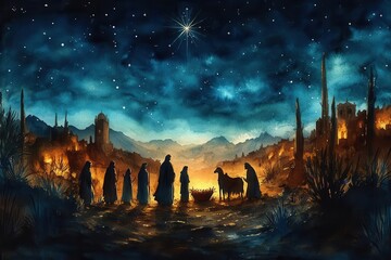 Wall Mural - ethereal watercolor nativity scene muted blue tones creating night desert atmosphere silhouettes of shepherds approaching manger star of bethlehem illuminating sky