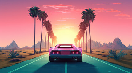 Wall Mural - car ride on the morning road in 80s retro synthwave or 00s vaporwave style.