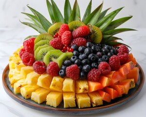 Fresh Tropical Fruit Platter Presented as Island Scene with Pineapple Kiwi and Berries