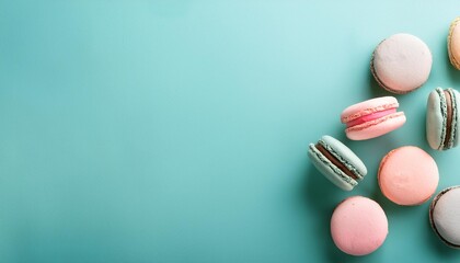 French cake macaron or macaroon on a turquoise background from above. Colorful almond cookies in pastel colors create a vintage card or cake shop banner. Top view, flat-lay, pale blue with copy space