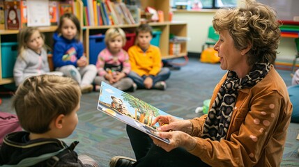 The teacher sits with a group of young children in a cozy corner of the classroom, reading a story while the children listen intently. Person with a book