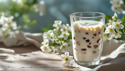 Next to a cup of cold milk are blooming daisies, creating a fresh and natural atmosphere.