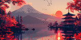 Red sunset shining over a lake with a japanese pagoda and mount fuji in the background. Autumn leaves are floating on the water