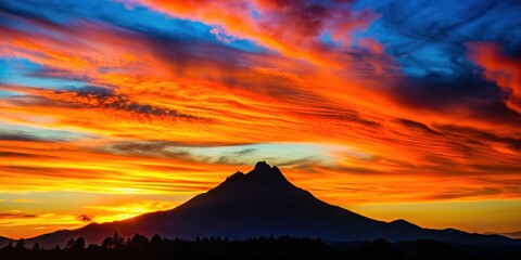 Wall Mural - Majestic black mountain silhouette against a vibrant sunset sky, mountain, sunset, black, silhouette, nature, landscape, dramatic