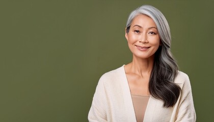 Happy Asian Woman. Portrait of Beautiful Older Mid Aged Mature Smiling Woman Isolated on Olive Green Background. Anti-aging Skin Care Face Beauty Product. Banner with Copy Space.