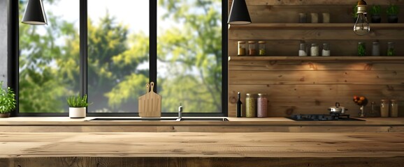 Wall Mural - Empty Wooden Tabletop In Rustic Kitchen With Window And Shelving.