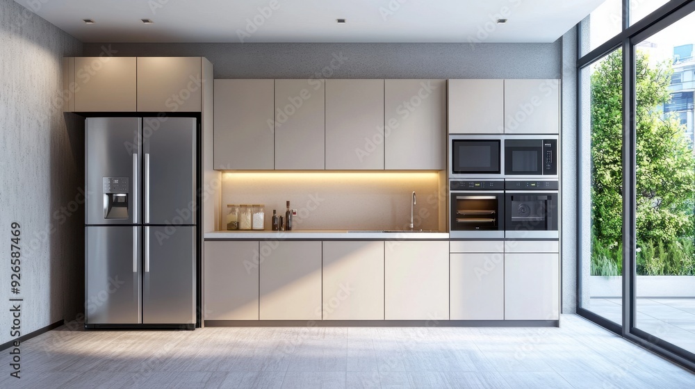 Modern kitchen interior with sleek appliances and minimalistic design ...