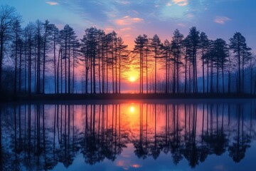 Wall Mural - tranquil lakeside sunset silhouetted trees reflected in still water pastel sky gradients serene nature landscape