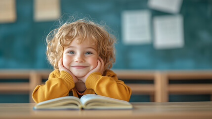 Canvas Print - Young child with curly hair smiling, resting chin on hands, sitting in front of an open book