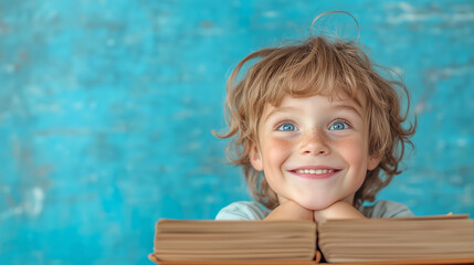 Canvas Print - Young boy with blue eyes smiling, resting chin on stacked books, background is blurred