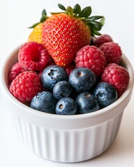 Wall Mural - Assorted fresh berries including strawberries, blueberries, and raspberries in a small white bowl, isolated on white background, more clarity with clear light and sharp focus, high detailed