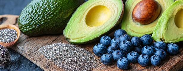 Canvas Print - A colorful array of superfoods including quinoa, avocado, chia seeds, and blueberries on a rustic wooden cutting board, more clarity with clear light and sharp focus, high detailed