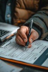 Wall Mural - Close-up of a Person Filling Out a Form with a Pen, Wearing a Jacket, and Using a Laptop