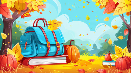 Wall Mural - blue backpack, pumpkins, and books on the ground surrounded by colorful autumn leaves in a park