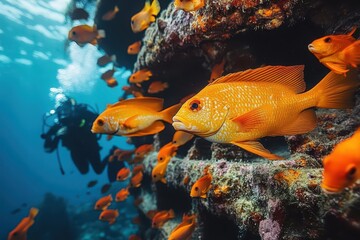 Wall Mural - two scuba divers explore vibrant coral reef teeming with colorful fish crystalclear turquoise water and dappled sunlight create magical underwater scene adventure and natural wonder