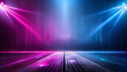 Wall Mural - Neon dark stage shows empty room neon light, spotlights, dark blue, purple, pink background - dance floor for product display in studio, backdrop for photo shooting. Generative AI.