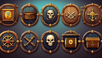 Pirate-themed game interface icons, like a wooden menu panel, victory and defeat badges, and buttons for mobile apps. Other icons include a gold chest, store frame, and pirate flag with a skull.