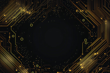 A modern abstract design featuring gold lines and dots representing network science and technology on a high-tech dark background. Ideal for templates, web design, and presentations