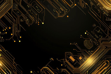 A modern abstract design featuring gold lines and dots representing network science and technology on a high-tech dark background. Ideal for templates, web design, and presentations