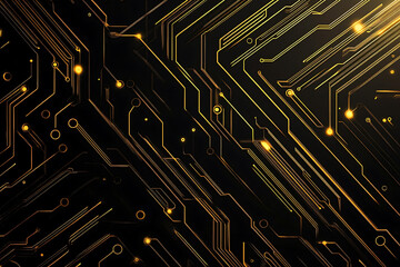 A modern abstract design featuring gold lines and dots representing network science and technology on a high-tech dark background. Ideal for templates, web design, and presentations