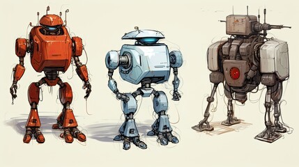 Three stylized robots with distinct designs and colors, showcasing futuristic technology.