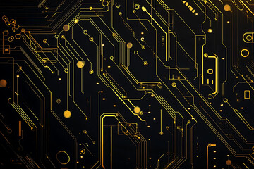 A modern abstract design featuring gold lines and dots representing network science and technology on a high-tech dark background. Ideal for templates, web design, and presentations