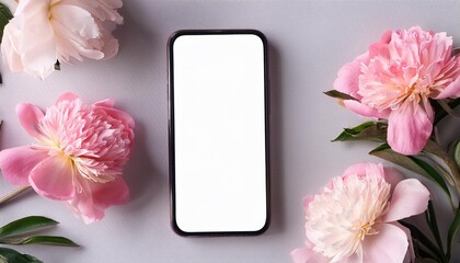 Smartphone mock up screen, pink pastel flowers, floral feminine spring background. Mockup mobile phone blank white empty display shop app delivery concept. Top view above, flat lay. Generative AI.