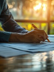 Wall Mural - Close-up of a Person Writing with a Pen on Paper at a Wooden Table with Sunlight Streaming Through a Window