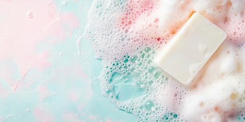 Wall Mural - White soap bar and foam bubbles on pastel colored background with copy space