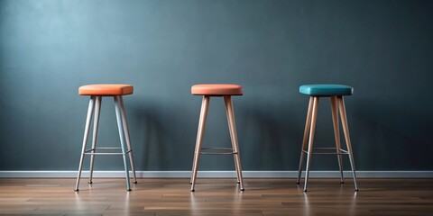 Three sleek pastel bar stools in blue, orange, and pink against a dark gray wall in a minimalist interior , modern, bar stools