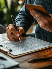 Canvas Print - Close-up of Person Filling Out Form on Clipboard with Pen in Hand, Focused on Details, Office Setting