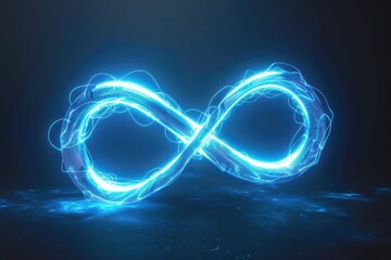 Wall Mural - glowing blue infinity symbol with light trails on a dark background, representing endless possibilit