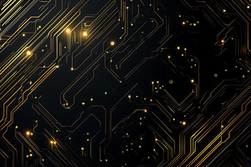 A modern abstract design featuring gold lines and dots representing network science and technology on a high-tech dark background. Ideal for templates, web design, and presentations