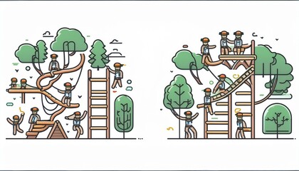 Wall Mural - Treetop obstacle course icons. Simple line drawings. Suitable for adults. Outdoor activity in the forest.