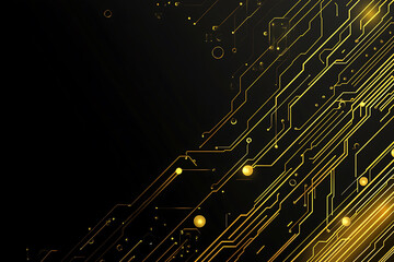 A modern abstract design featuring gold lines and dots representing network science and technology on a high-tech dark background. Ideal for templates, web design, and presentations