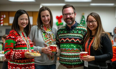 Wall Mural - Office staff are having fun at a party in ugly Christmas sweaters. Young office staff of different nationalities  in ugly  sweaters smile and look at the camera.