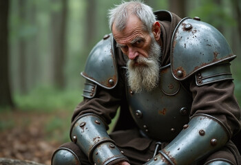 Wall Mural - Old man in heavy old metal armor, wear, rust, scratches, stains, dirt. Old man is tired and sad. Closeup sitting on a log in a forest