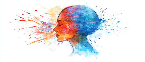 Poster - Watercolor painting of a woman's head with splashes of color.