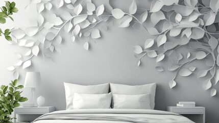 Wall Mural - A minimalist bedroom with a modern touch, featuring a white 3D paper leaf wall art, symbolizing nature, elegance, tranquility, simplicity, and creativity.