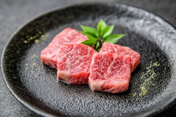 A plate of beautifully marbled wagyu beef cubes, ready for grilling or pan-frying. The rich, red meat is delicately seared, showcasing its exquisite texture and flavor.  A sprig of fresh herbs adds a 