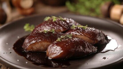 Wall Mural - A plate of succulent duck breasts glazed in a rich, dark sauce and garnished with fresh thyme sprigs, symbolizing gourmet dining, culinary artistry, flavorful cuisine, and elegant presentation.