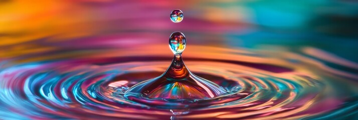 a single water droplet creates a mesmerizing impact on a vibrant surface, showcasing vibrant ripples