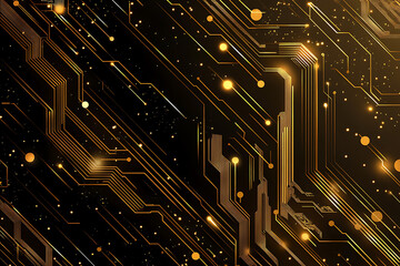 A modern abstract design featuring gold lines and dots representing network science and technology on a high-tech dark background. Ideal for templates, web design, and presentations