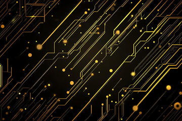 Wall Mural - A modern abstract design featuring gold lines and dots representing network science and technology on a high-tech dark background. Ideal for templates, web design, and presentations