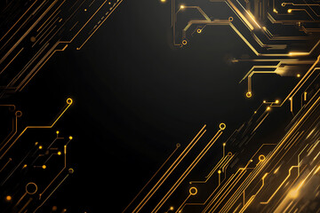 A modern abstract design featuring gold lines and dots representing network science and technology on a high-tech dark background. Ideal for templates, web design, and presentations