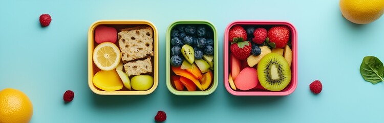 Wall Mural - kids lunch box filled with fresh healthy fruits for lunch at school